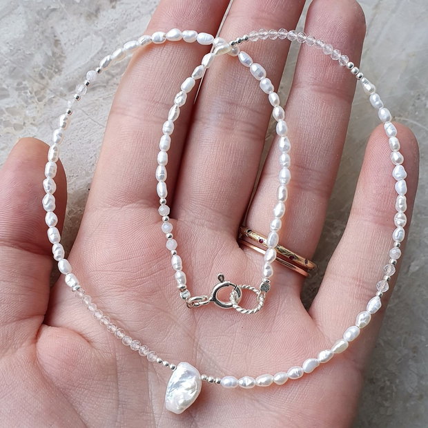 Colier Perle de Cultură, Piatra Lunii & Quartz