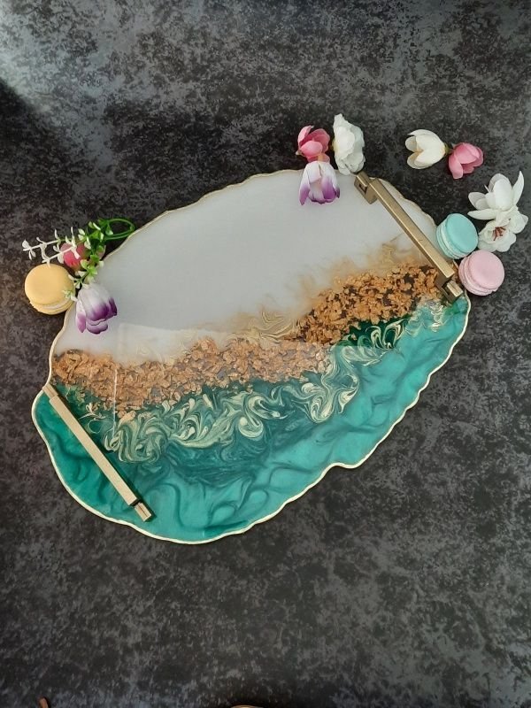 White and Peacock Green - Oval Tray