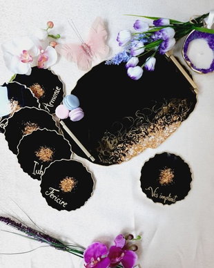 Back to Black - Oval Tray and 6 Resin Coasters