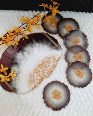 Starlight Violet - Oval Tray and 6 Resin Coasters
