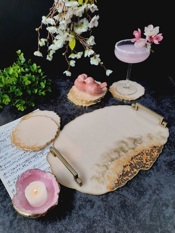 Light Blush - Oval Tray and 6 Resin Coasters