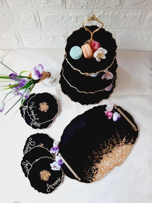 Back to Black - Oval Tray, 6 Resin Coasters and Cake Tier