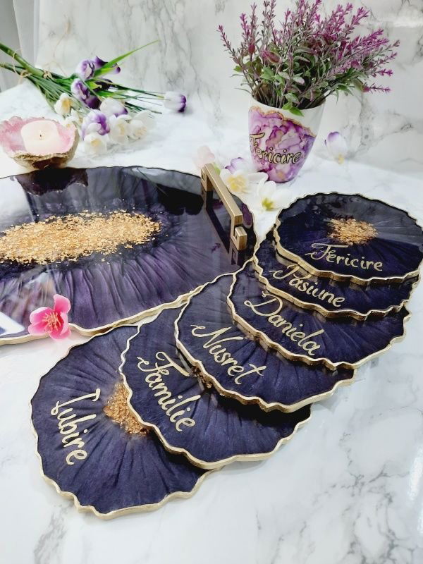 Dark Purple - Oval Tray and 6 Resin Coasters