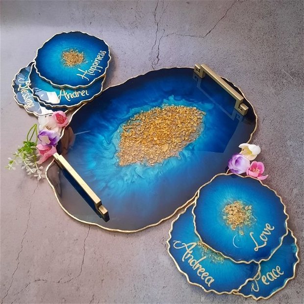 Electric Blue - Oval Tray and 6 Resin Coasters