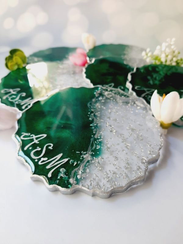 Emerald and Silver - Vanity Tray and 6 Resin Coasters