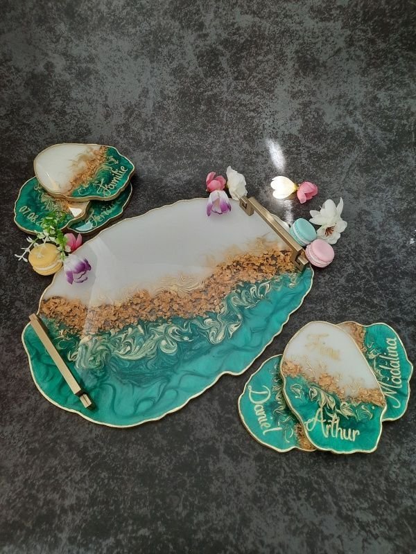 White and Peacock Green - Oval Tray and 6 Resin Coasters