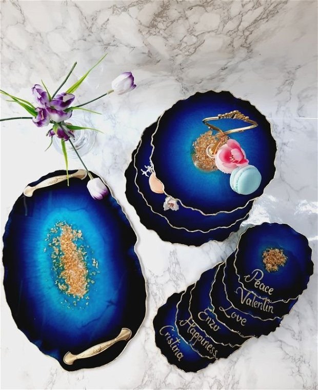 Electric Blue - Oval Tray, 6 Resin Coasters and Cake Tier