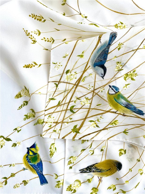 Esarfa mătase pictata manual-păsări și ramuri de hurmuz