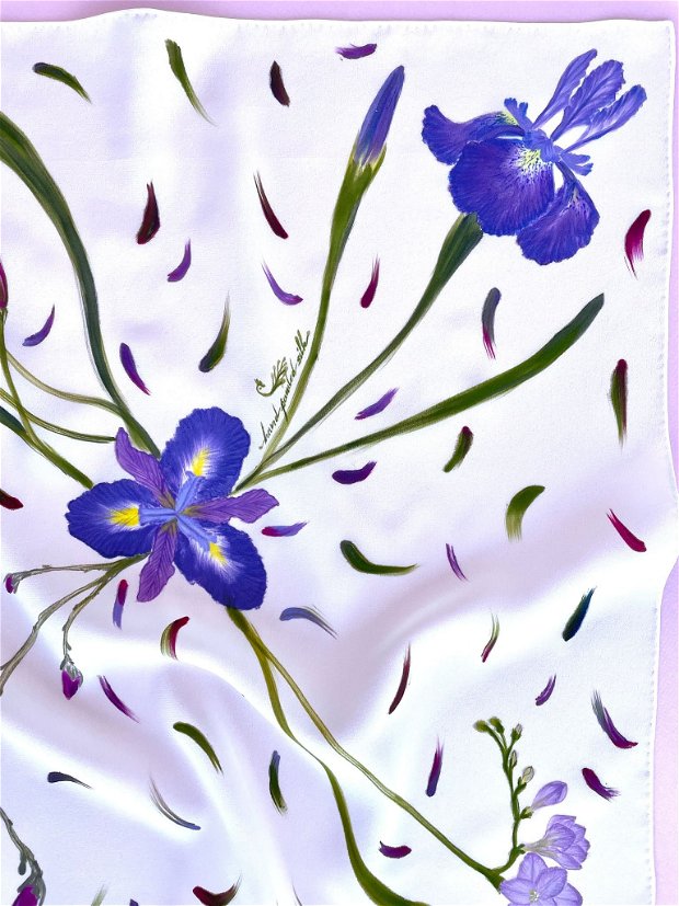 Esarfa mică mătase pictata manual-flori de primavara