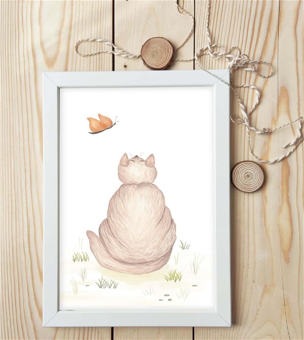 Ilustratie inramata pisica si fluturele