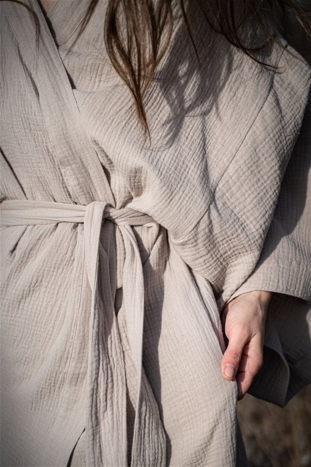 NEW__Kimono lung din muselina Sand