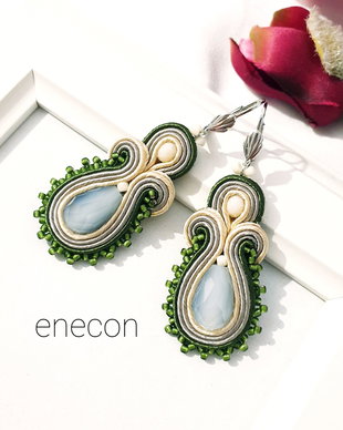 Cercei soutache bej-oliv, Cercei lungi, Cercei unicat