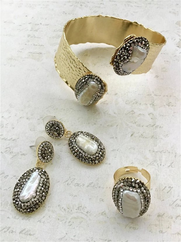 Set alama aurita, perle Biwa & marcasite
