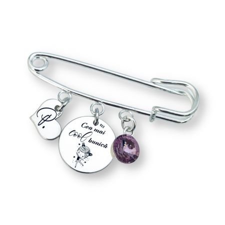 Brosa personalizata cu pandantive din argint si cristal - Cadou pentru Bunica