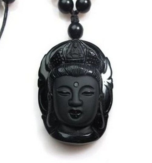 K1565 - Pandantiv, obsidian negru sculptat, Buddha, 47x38mm REZERVAT