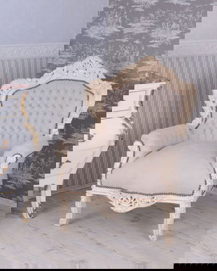 Fotoliu baroc din lemn masiv alb cu tapiterie grej