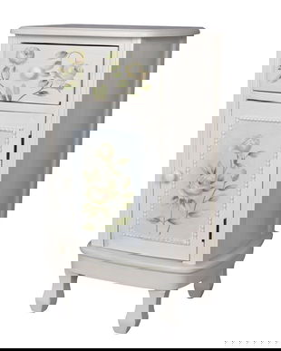 Noptiera din lemn masiv alb cu flori