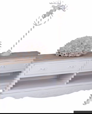 Comoda TV din lemn masiv alb cu blat bej