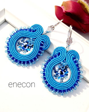 Cercei turcoaz soutache,  Cercei cu flori