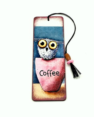 Semn de carte din lemn - bufnita si cafea 2742