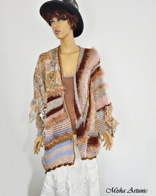 Cardigan boho chic, crosetat, tricotat, impaslit, asimetric, oversize
