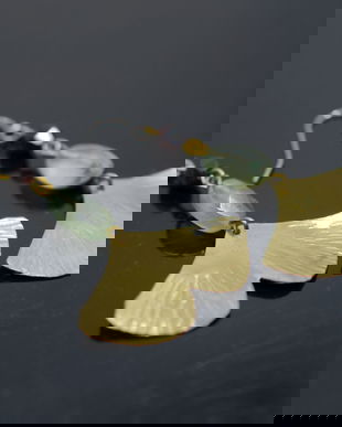 Cercei din alama frunze ginkgo biloba, prehnit si granat, cercei lungi, cercei statement, cercei handmade