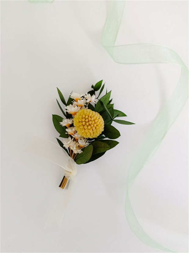 Cocarde nuntă-flori naturale uscate și stabilizate, Craspedia Galben Somon 8 cm
