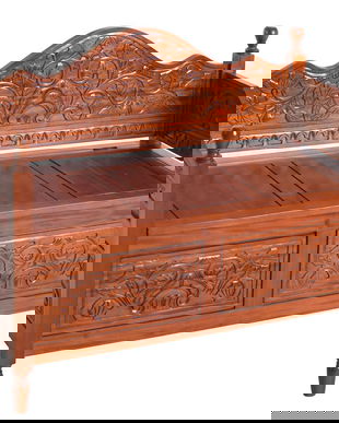 Banca din lemn mahon cu flori sculptate