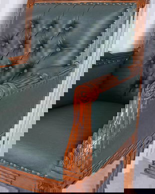 Scaun Chesterfield din lemn mahon cu tapiterie verde