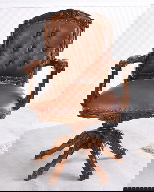 Scaun Chesterfield din lemn mahon cu tapiterie maro