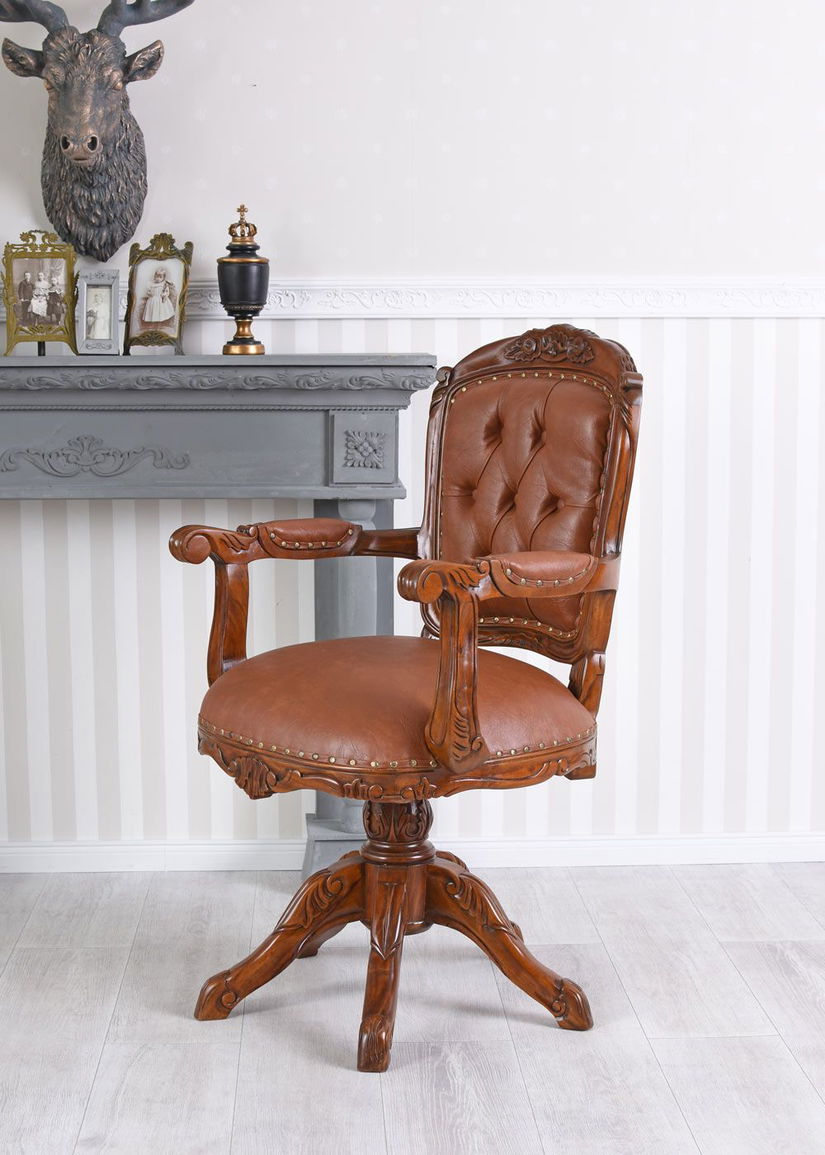 Scaun Chesterfield din lemn mahon cu tapiterie maro