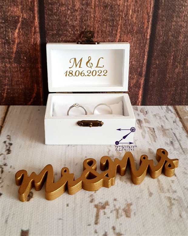 Cutie verighete Mr&Mrs personalizata, cutie verighete cu nume, cutie verighete alba, cutie cu mesaj, pernuta verighete personalizata
