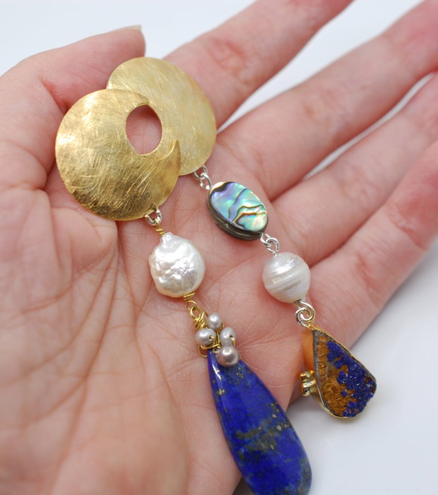 Moon Calling Cercei asimetrici, statement, din argint 925,lapis, perle si abalone