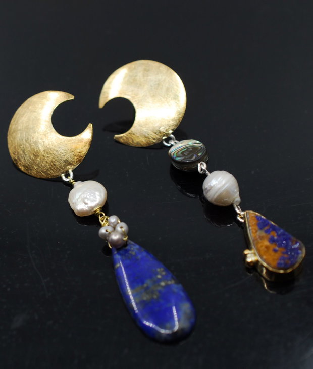 Moon Calling Cercei asimetrici, statement, din argint 925,lapis, perle si abalone