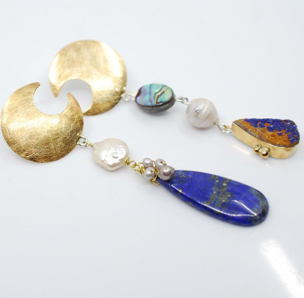 Moon Calling Cercei asimetrici, statement, din argint 925,lapis, perle si abalone