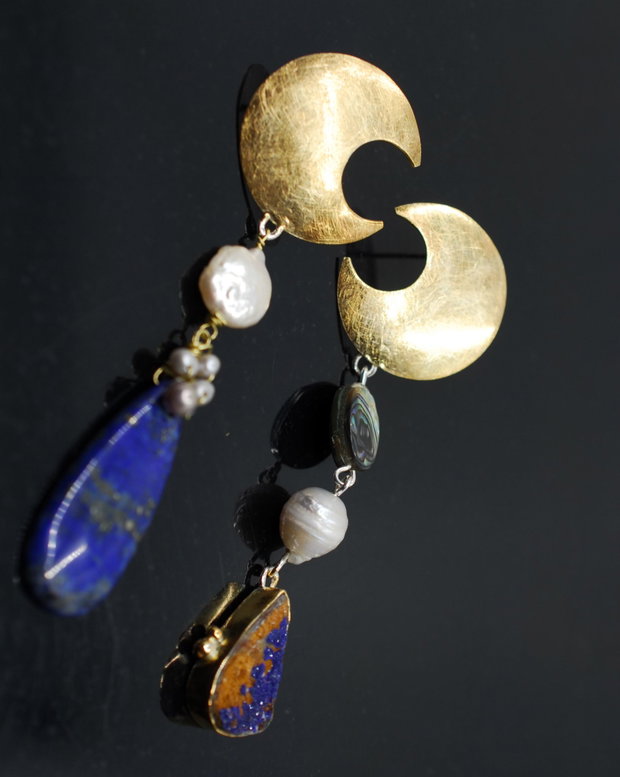 Moon Calling Cercei asimetrici, statement, din argint 925,lapis, perle si abalone