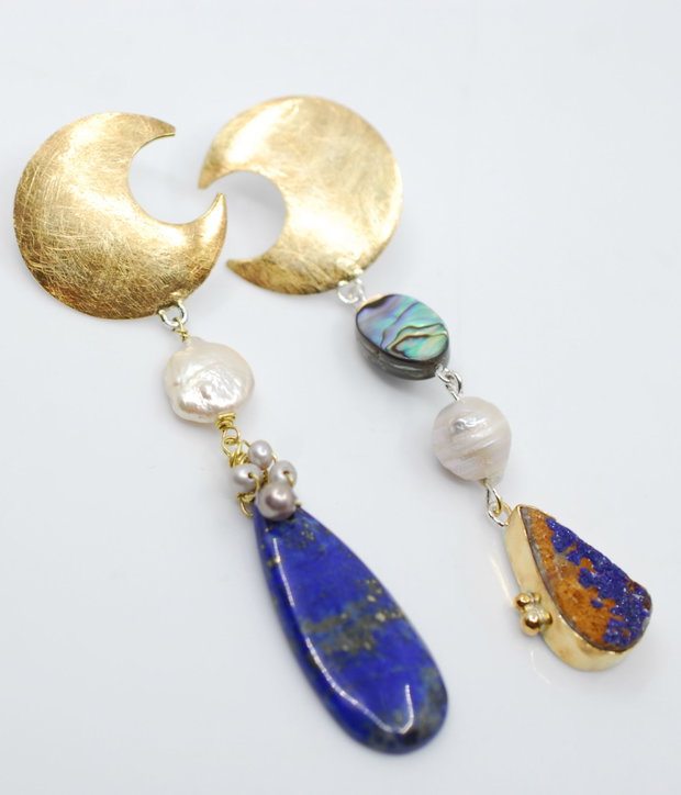 Moon Calling Cercei asimetrici, statement, din argint 925,lapis, perle si abalone