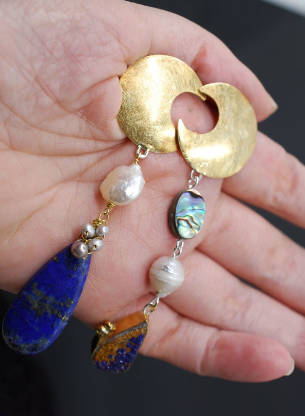 Moon Calling Cercei asimetrici, statement, din argint 925,lapis, perle si abalone