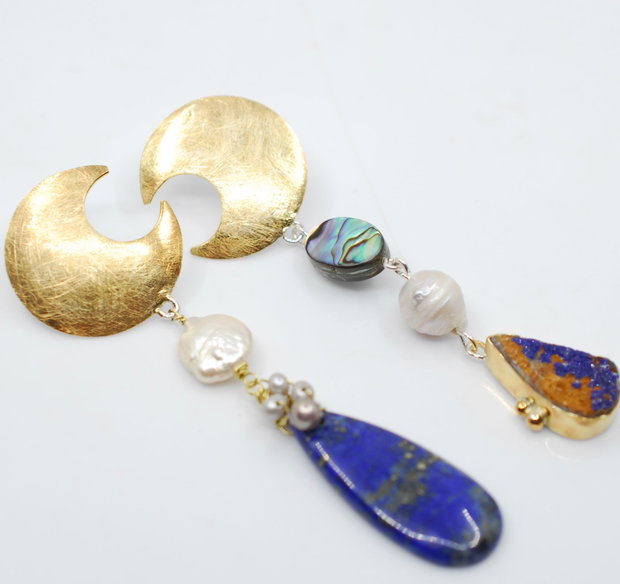 Moon Calling Cercei asimetrici, statement, din argint 925,lapis, perle si abalone