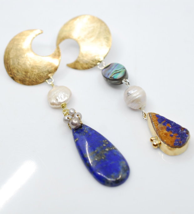 Moon Calling Cercei asimetrici, statement, din argint 925,lapis, perle si abalone