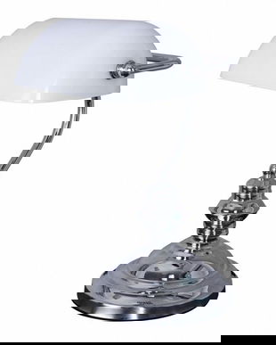 Lampa Banker din alama argintata cu abajur din sticla alba