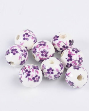 Margele din portelan, floricele mov, 12mm