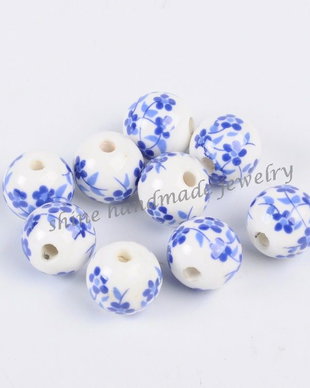 Margele din portelan, floricele albastre, 12mm