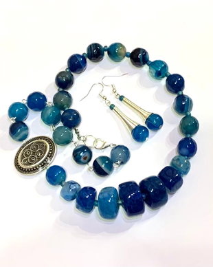 SET ~BLUE WAVES~ agate fatetate,agate rondele,toho,zamac argintat,accesorii argintate