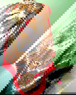 Esarfa motive hipice alb-rosu-galben auriu