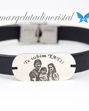Bratara Personalizata / Piele Naturala/ Portret / Placuta ovala / Argint 925