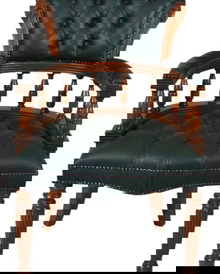 Scaun Chesterfield din lemn mahon cu tapiterie verde