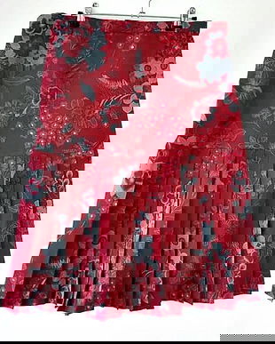 fusta midi matase rosu inchis cu flori si pliseuri , 46