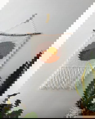 Decoratiune perete, Wall Deco, Macrame wall deco, Decor perete, Decoratiune franjuri, Wall hanging, Boho wall deco, Tablou apus, Tablou soare, Tablou peisaj