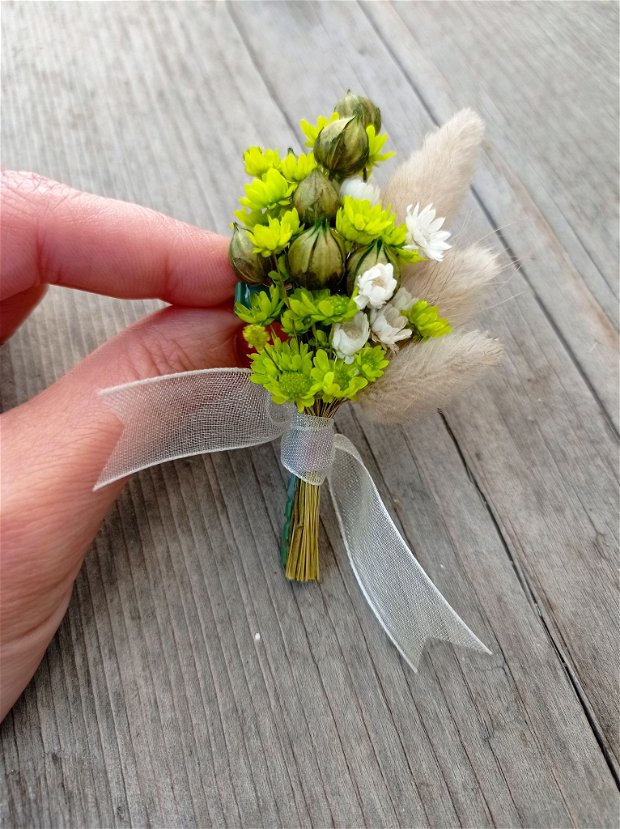 Cocarde nuntă /Brățări domnișoare onoare-flori naturale uscate, Verde